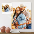 Oil-style portrait of a smiling couple, the man in a cowboy hat, on canvas, with the source photo as a small print beside it