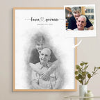 Sketch-style portrait of an older couple, the woman hugging the man from behind, in a light oak frame beside the source photo