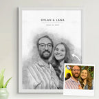 Sketch-style portrait of a smiling couple, the man bearded and in glasses, in a white frame, with the source photo beside it