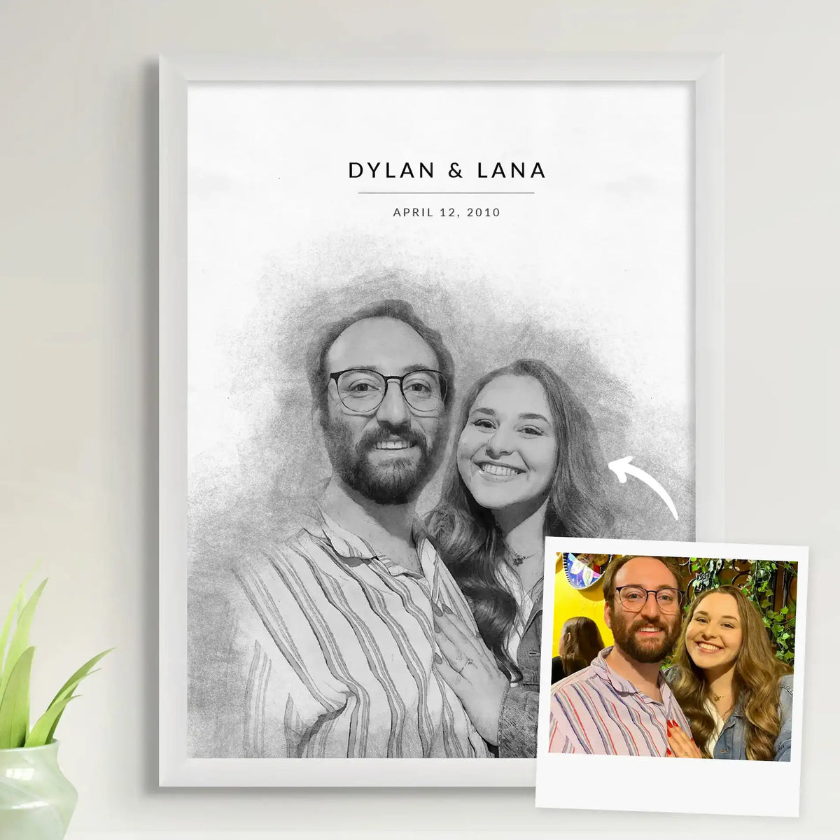Sketch-style portrait of a smiling couple, the man bearded and in glasses, in a white frame, with the source photo beside it