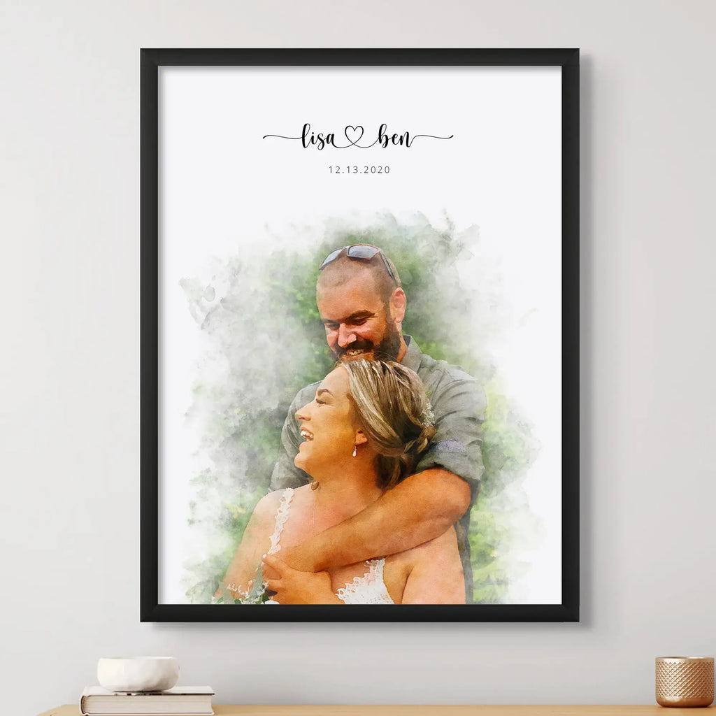 Watercolor-style portrait of a smiling couple outdoors, the man hugging the woman from behind, in a black frame