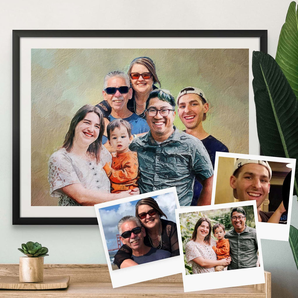 Oil-style portrait of six people including a toddler, framed in black, with four reference photos around it