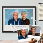 Oil-style portrait of two men titled 'The Jackson Family' in a black frame, beside their two reference photos