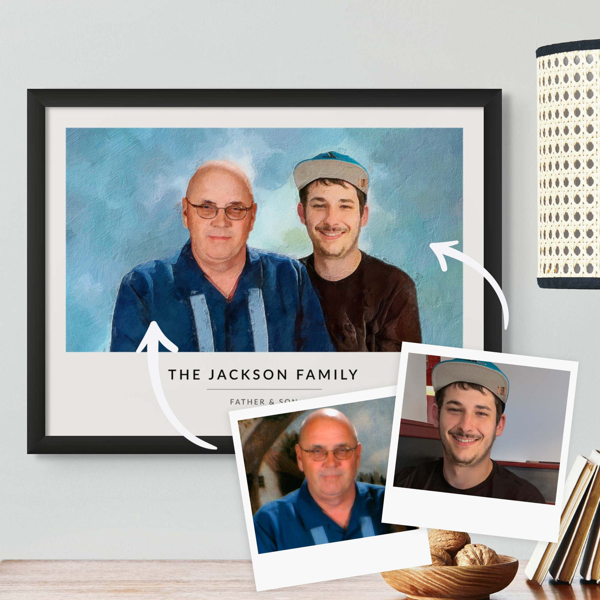 Oil-style portrait of two men titled 'The Jackson Family' in a black frame, beside their two reference photos