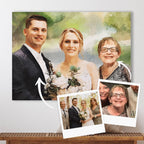 Oil-style portrait of a groom, a bride holding flowers and an older woman in glasses, on canvas, with two reference photos