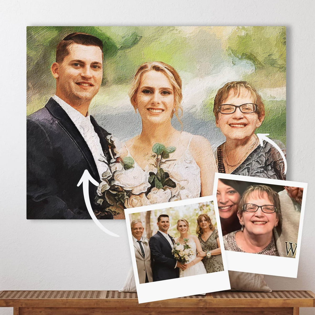 Oil-style portrait of a groom, a bride holding flowers and an older woman in glasses, on canvas, with two reference photos