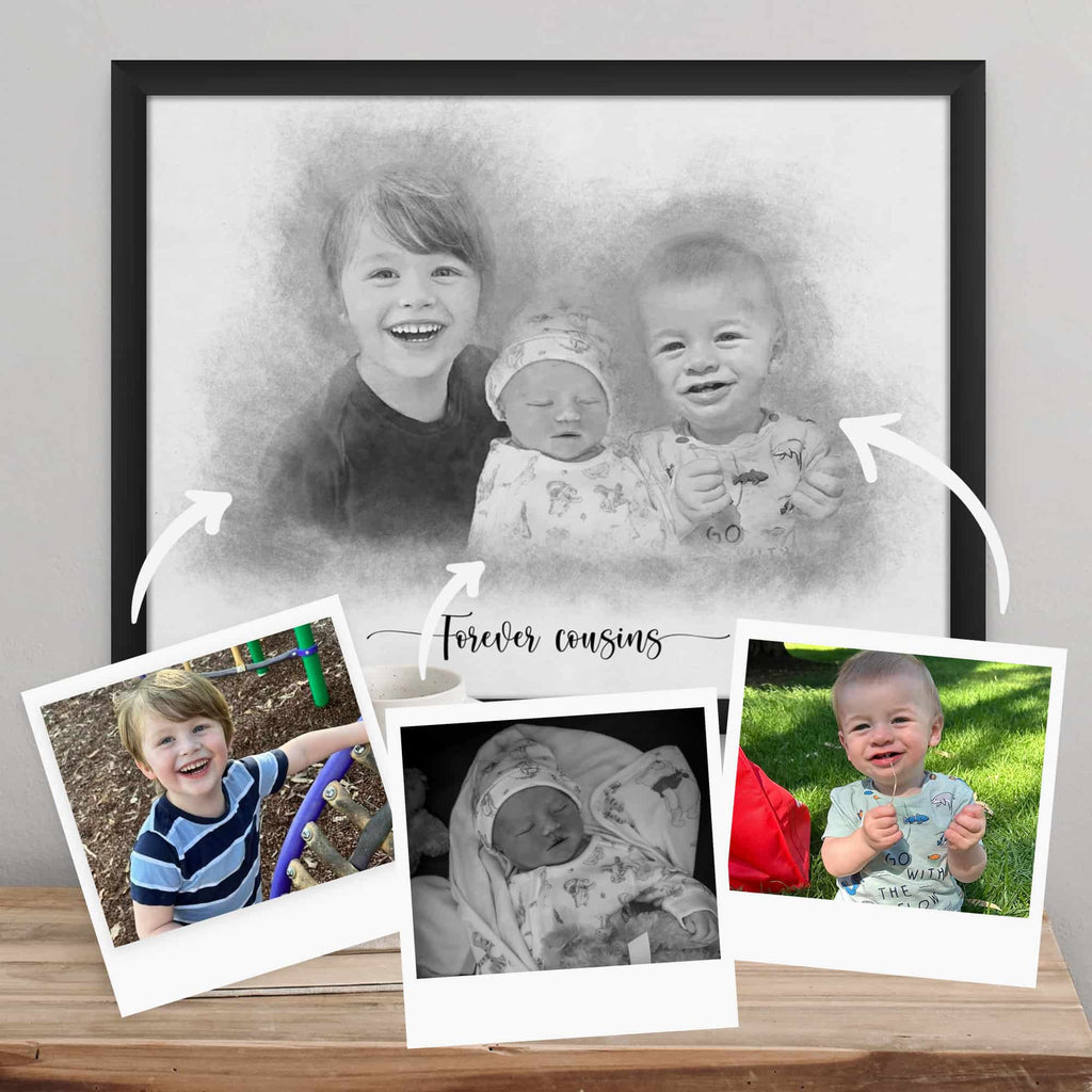 Sketch-style portrait of three young children, framed in black, beside three reference photos, captioned 'Forever cousins'