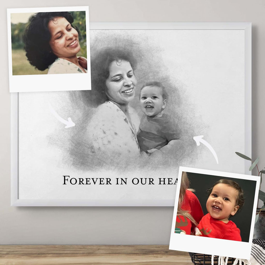 Sketch-style portrait of a woman holding a baby in a white frame, with a line of text below and two reference photos