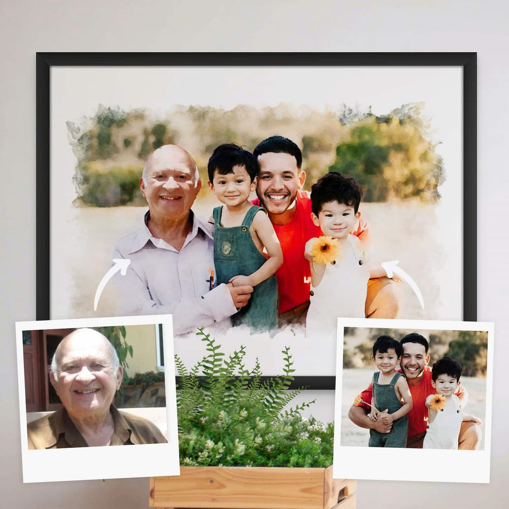 Watercolor-style portrait of an older man with a man and two boys in a black frame, with two reference photos