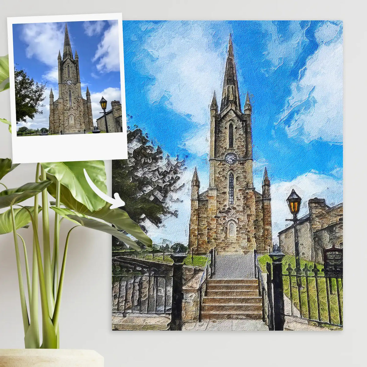 Oil-style canvas portrait of a stone church with a tall spire and steps, beside a small reference photo of the church