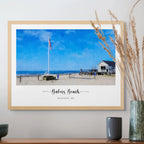Oil-style portrait of a beach hut and flagpole in a light oak frame, titled 'Bakers Beach', Westport, MA