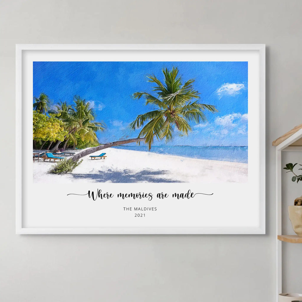 Oil-style portrait of a leaning palm tree on a white-sand beach in a white frame, 'Where memories are made'