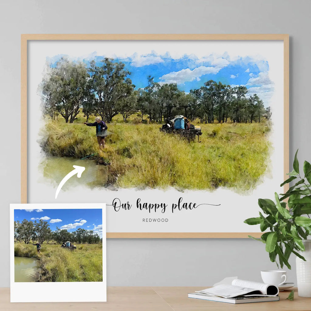 A snapshot of a person by a pond in tall grass, beside its watercolor-style portrait in a light oak frame