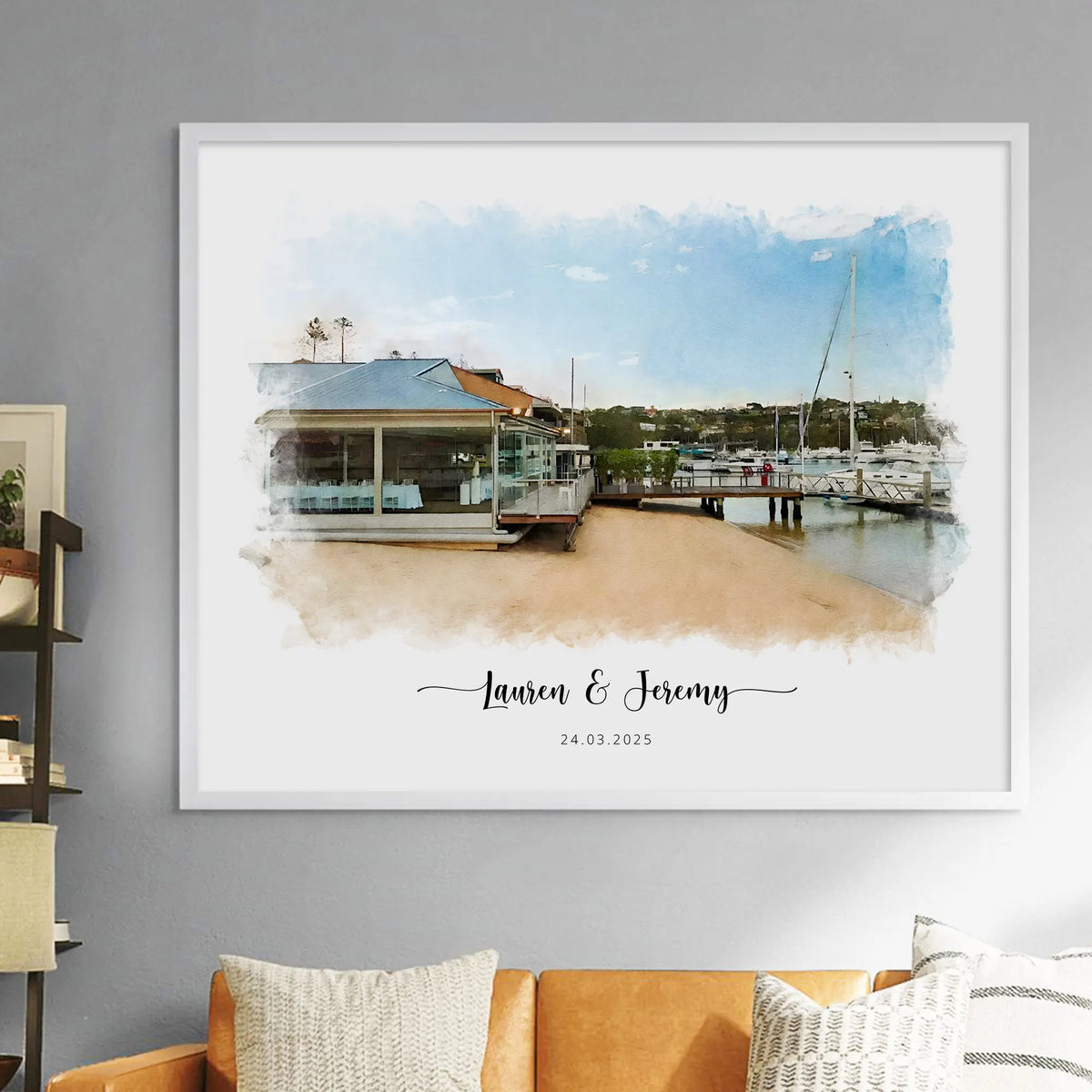 Watercolor-style portrait of a waterfront restaurant and jetty with boats, in a white frame with names and a date