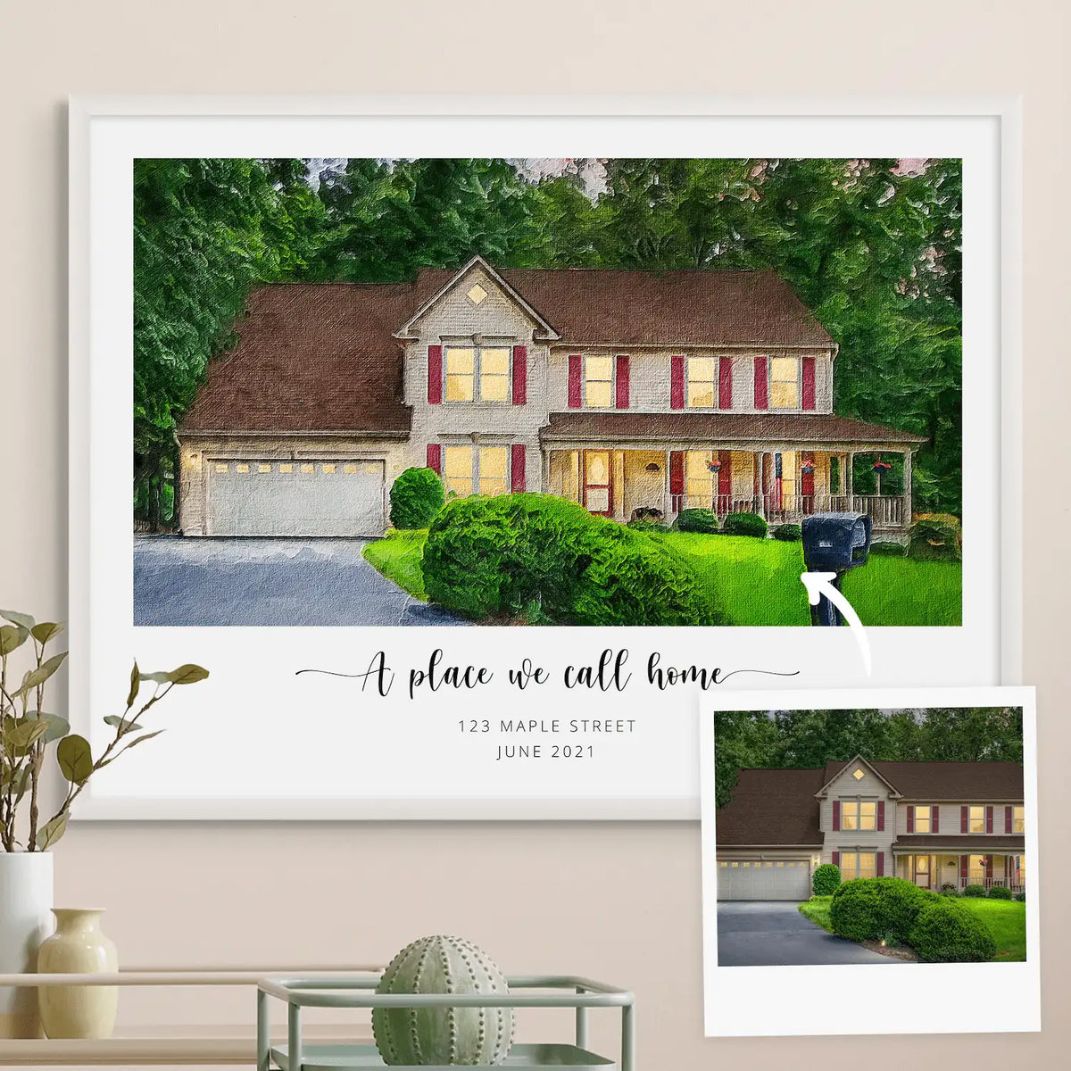 Oil-style portrait of a brick house with red shutters in evening light, white frame, with a small inset photo of the house