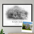 Sketch-style portrait of a stone-and-shingle house, 'The Miller Family', in a black frame, with its reference photo beside it