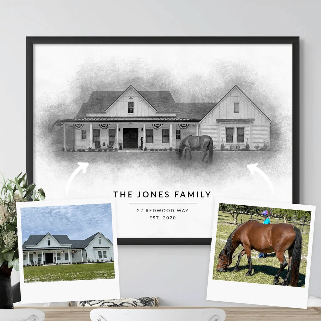Sketch-style portrait of a farmhouse with a horse grazing in front, 'THE JONES FAMILY', beside photos of the house and horse