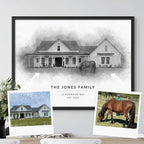 Sketch-style portrait of a farmhouse with a horse grazing in front, 'THE JONES FAMILY', beside photos of the house and horse