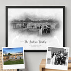 Sketch-style portrait of a single-level house with a family of five outside, in a black frame, beside two reference photos