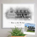 Sketch-style portrait of a white house with a two-car garage and front porch, in a white frame, beside its photo