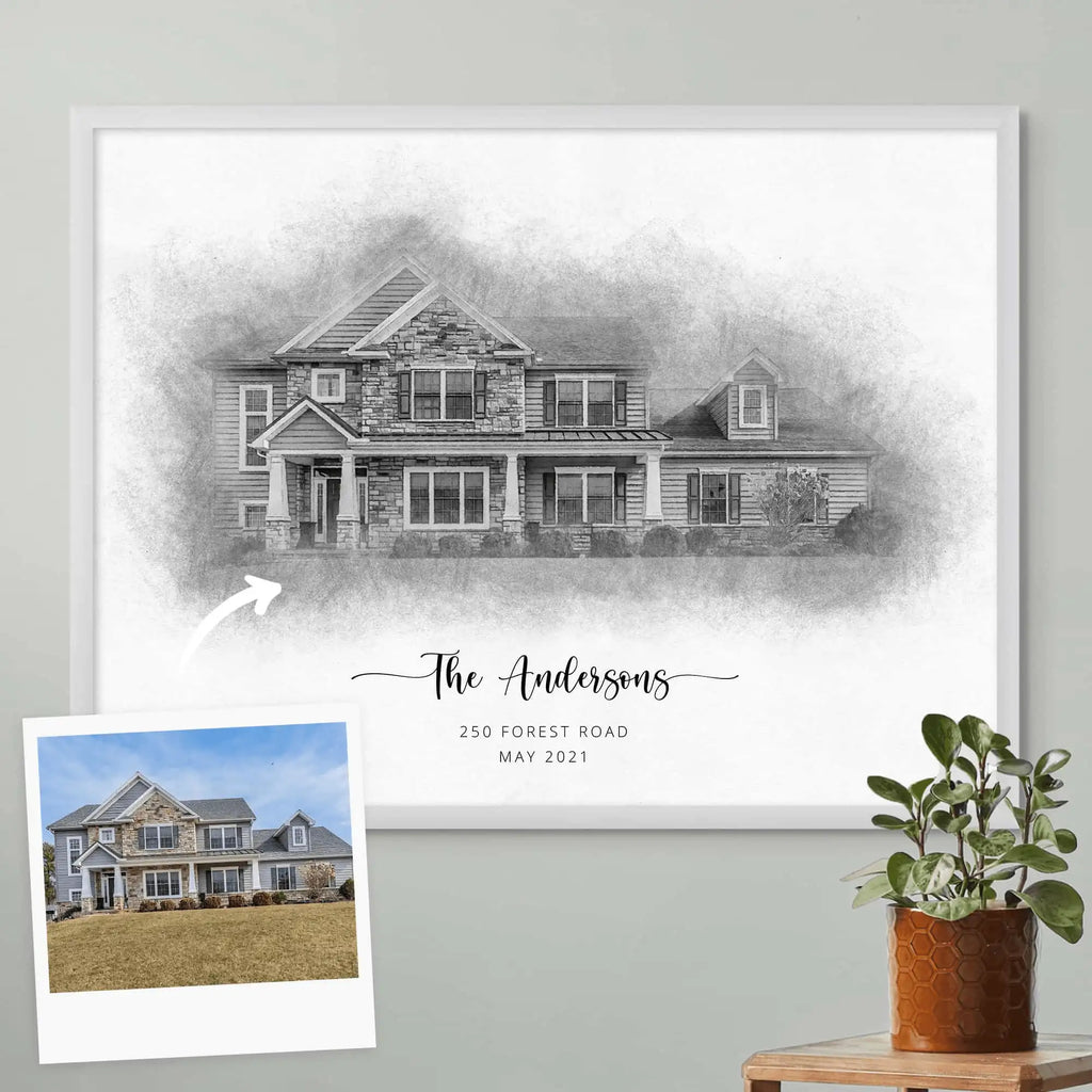 Sketch-style portrait of a two-level house with a stone front, 'The Andersons', in a white frame, with its reference photo