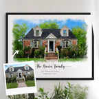 Watercolor-style portrait of a brick house with a dark roof, 'The Brown Family', in a black frame, with its reference photo