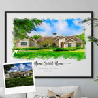 Watercolor-style portrait of a house with a large lawn, 'Home Sweet Home', in a black frame, with its reference photo