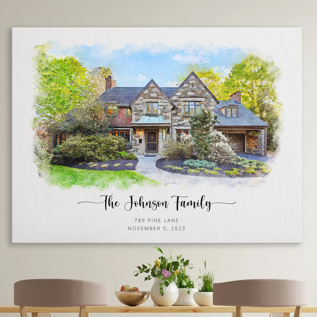 Watercolor-style portrait of a stone house and garden, 'The Johnson Family', on canvas above a dining table