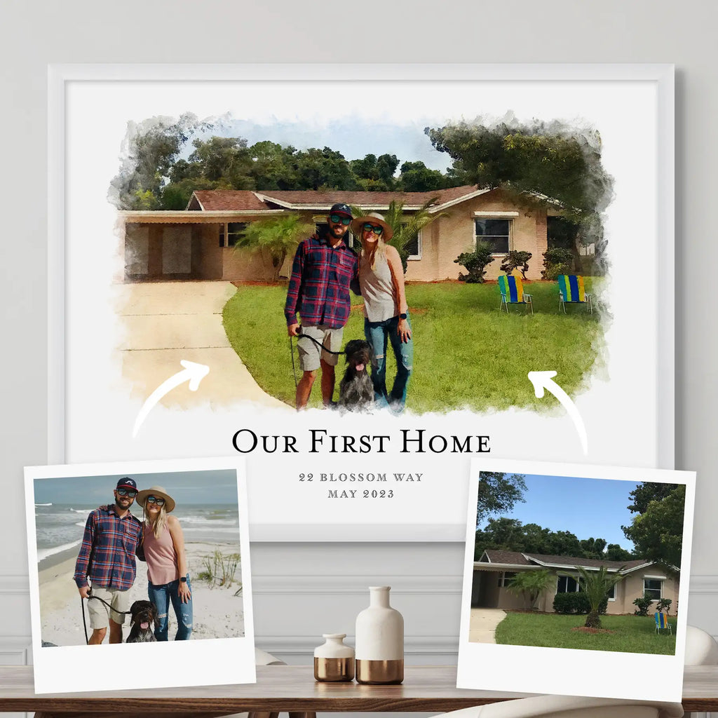 Watercolor-style portrait of a couple and their dog outside a house, 'Our First Home', in a white frame, with two photos