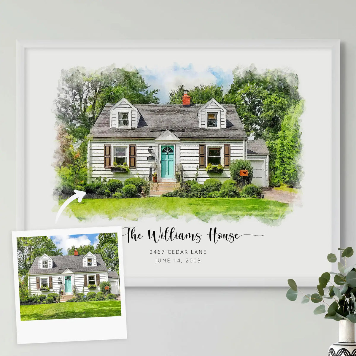 Framed watercolor-style house portrait 'The Williams House', white with a teal door, beside the reference photo