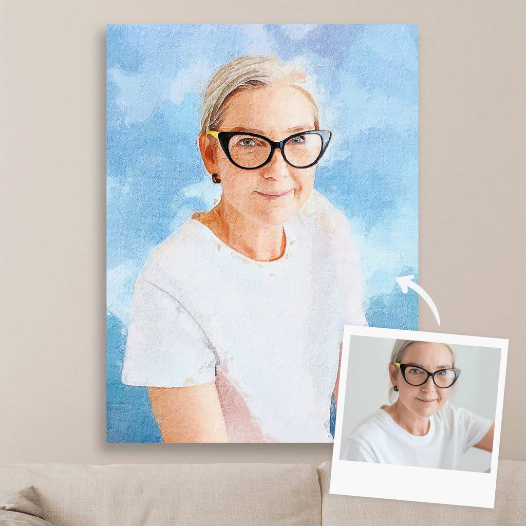 Oil-style portrait of a woman in cat-eye glasses on canvas against a blue sky, beside its reference photo