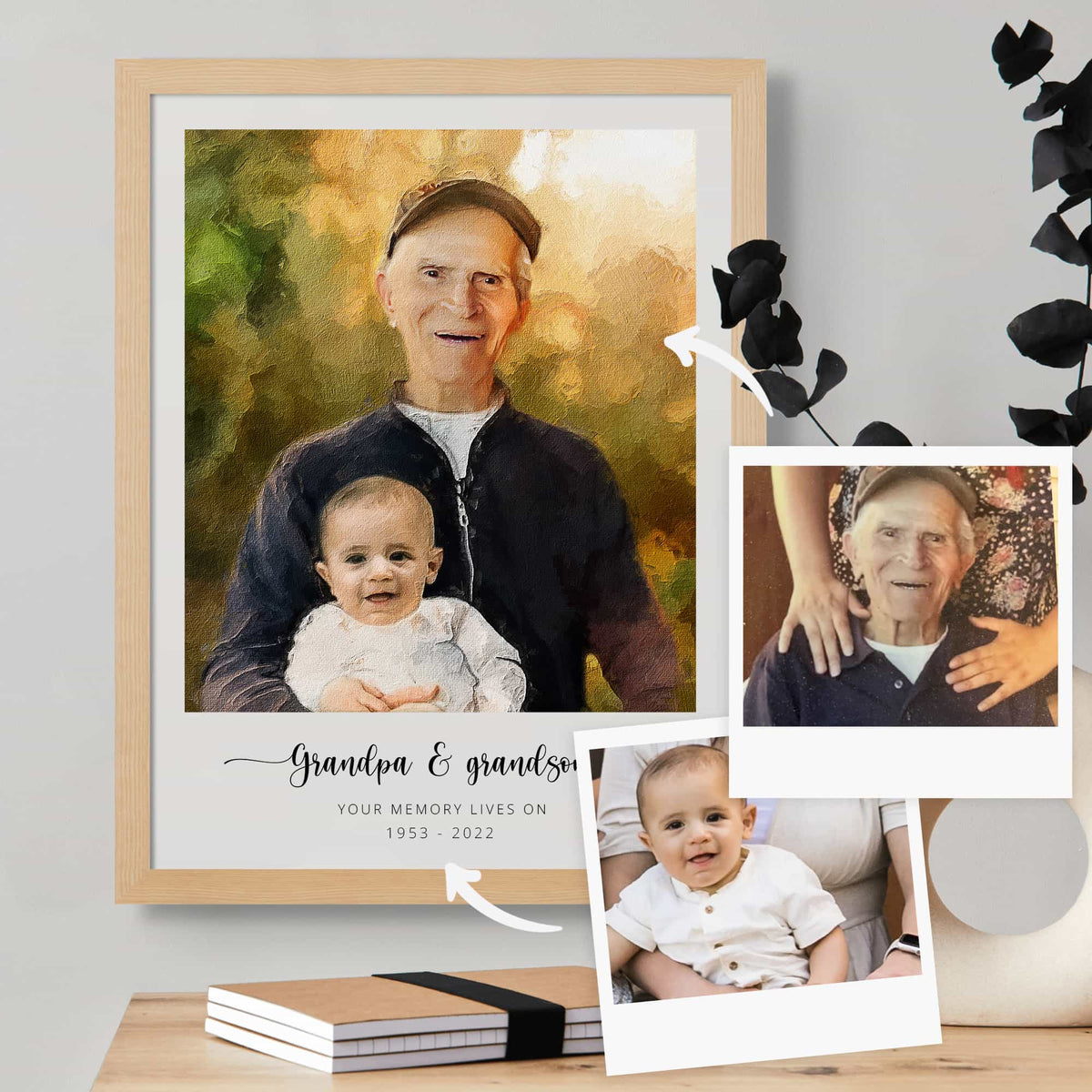Oil-style portrait of an older man holding a baby, in a light oak frame, captioned 'Grandpa & grandson', two photos