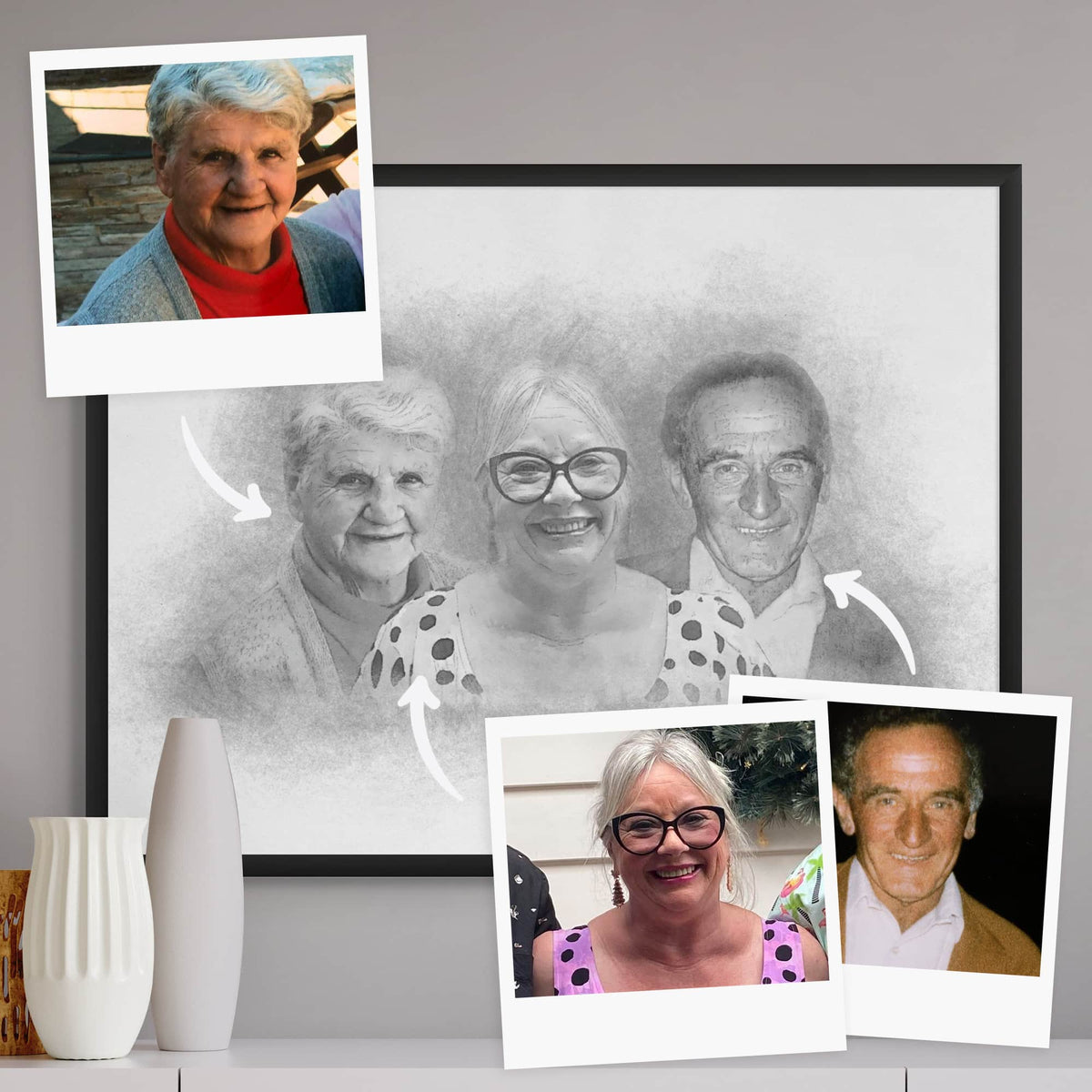 Sketch-style memorial portrait of three older people, framed in black, with three reference photos and arrows