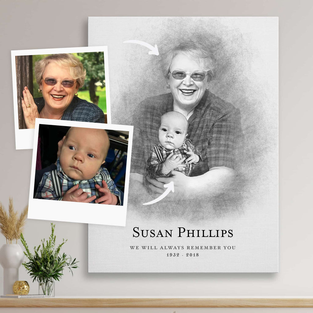 Sketch-style memorial portrait of a smiling older woman holding a baby, on canvas, beside two reference photos with arrows