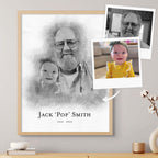 Sketch-style memorial portrait of a bearded man with glasses and a baby, in a light oak frame, beside two reference photos