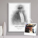 Sketch-style memorial portrait of a man in a flat cap and sunglasses, in a white frame, beside its reference photo