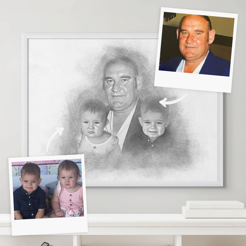 Sketch-style memorial portrait of an older man holding two babies, in a white frame, beside two reference photos