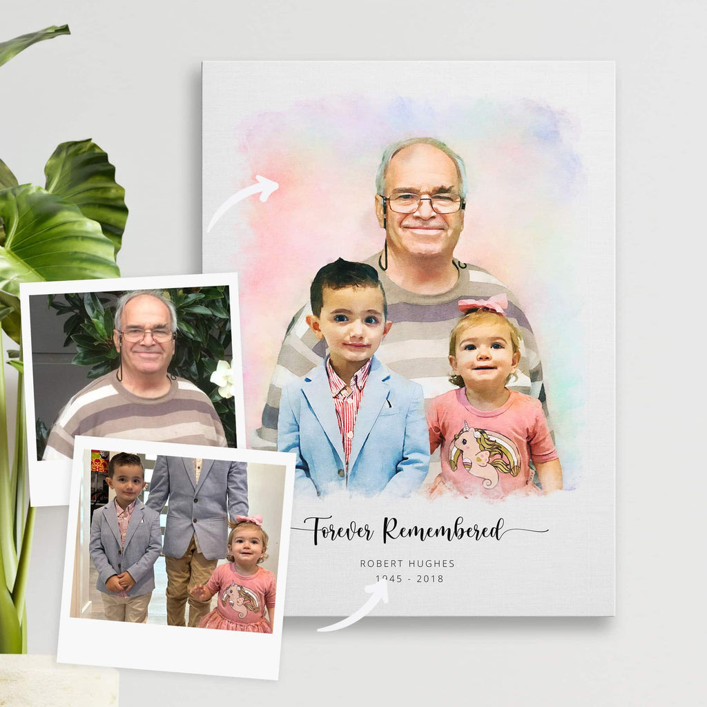 Watercolor-style memorial portrait of a man with two young children, on canvas, beside two reference photos with arrows