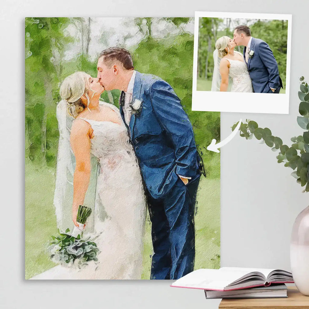 Oil-style canvas portrait of a couple kissing outdoors, with a small snapshot of the same moment at top right