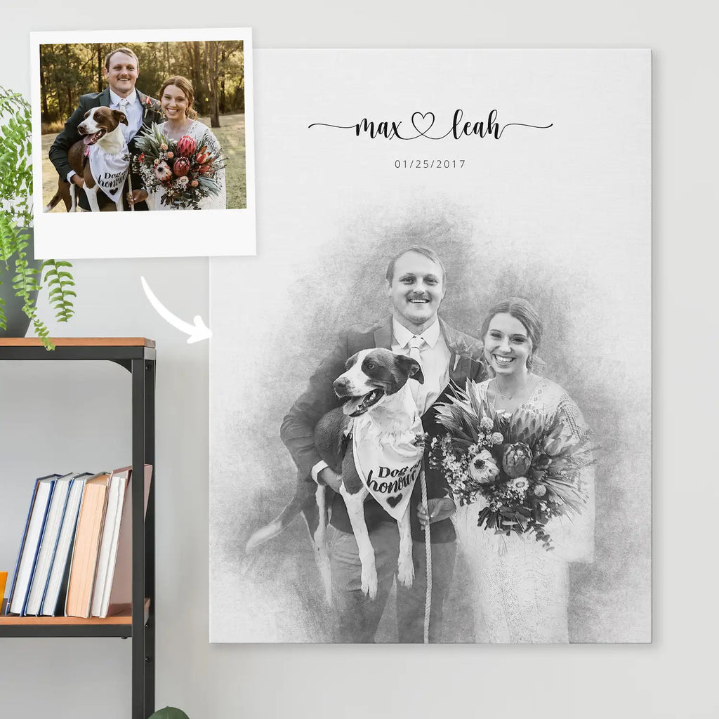 Sketch-style portrait on canvas of a groom, a bride and a dog in a bandana, beside its reference photo