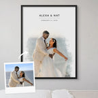Watercolor-style portrait of a couple by the sea, framed in black, beside its reference photo