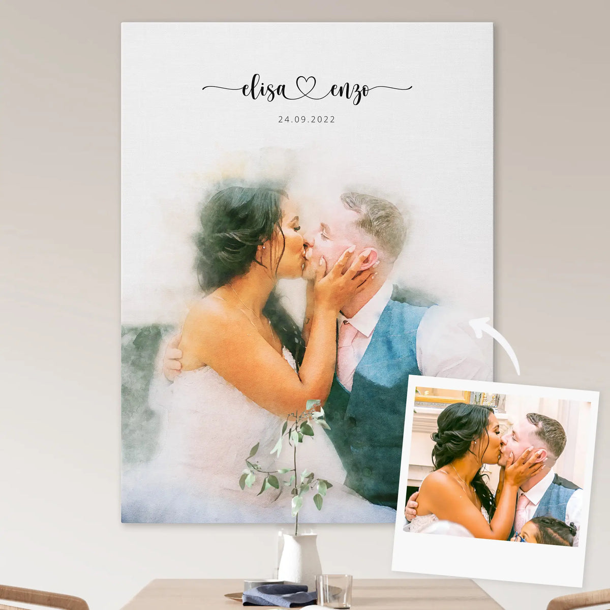 Watercolor-style portrait on canvas of a couple kissing, beside its reference photo