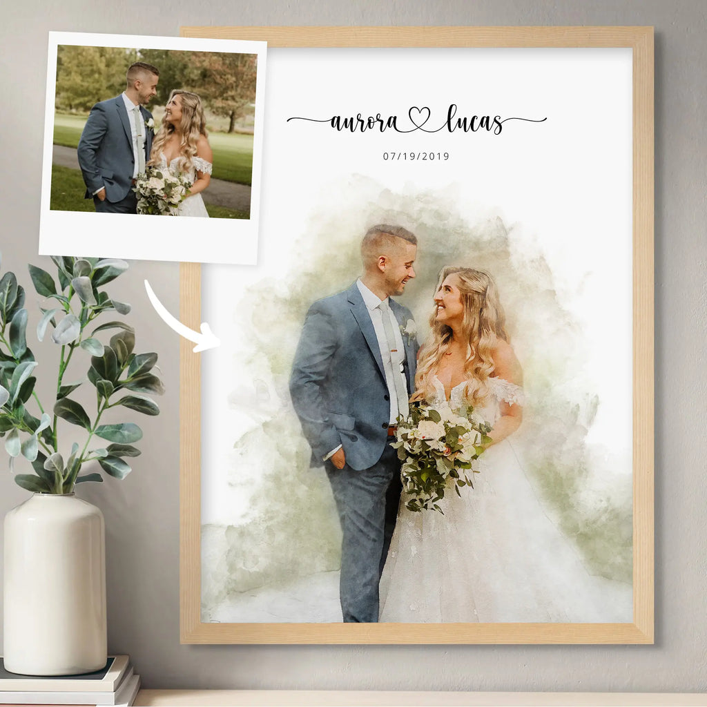 Watercolor-style portrait of a smiling groom and bride with a bouquet, in a light oak frame, beside its reference photo