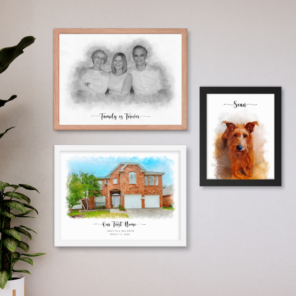 Three framed portraits on a wall: a sketch-style family, a watercolor-style house and a pet portrait of a dog