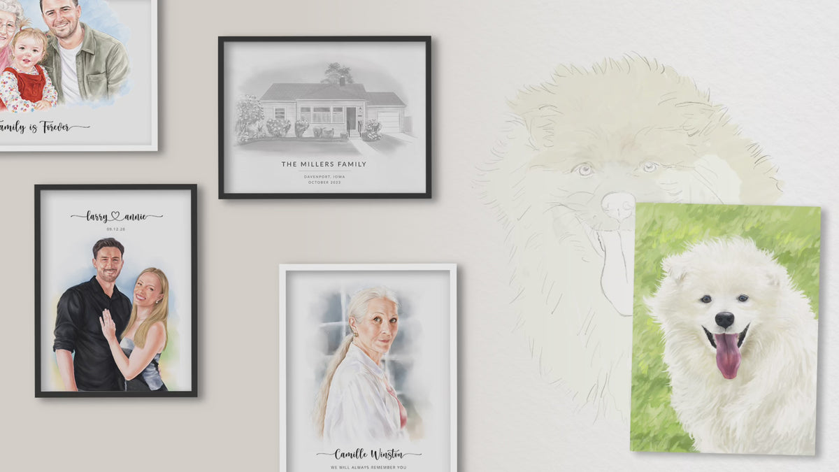 Framed portraits of families, homes and pets on a wall