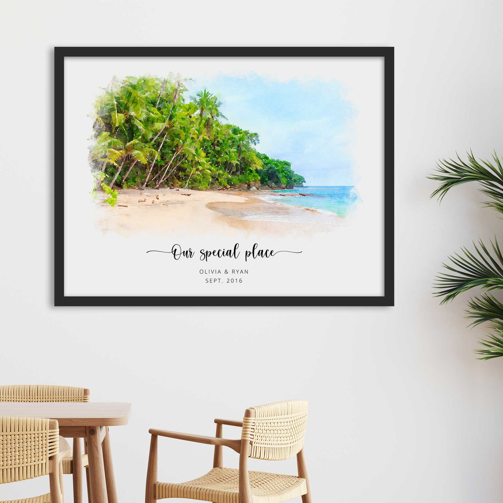 Watercolor-style portrait of a palm-lined tropical beach, 'Our special place', framed in black above wooden chairs
