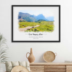Watercolor-style portrait of a boardwalk across a mountain meadow, 'Our happy place', framed in black