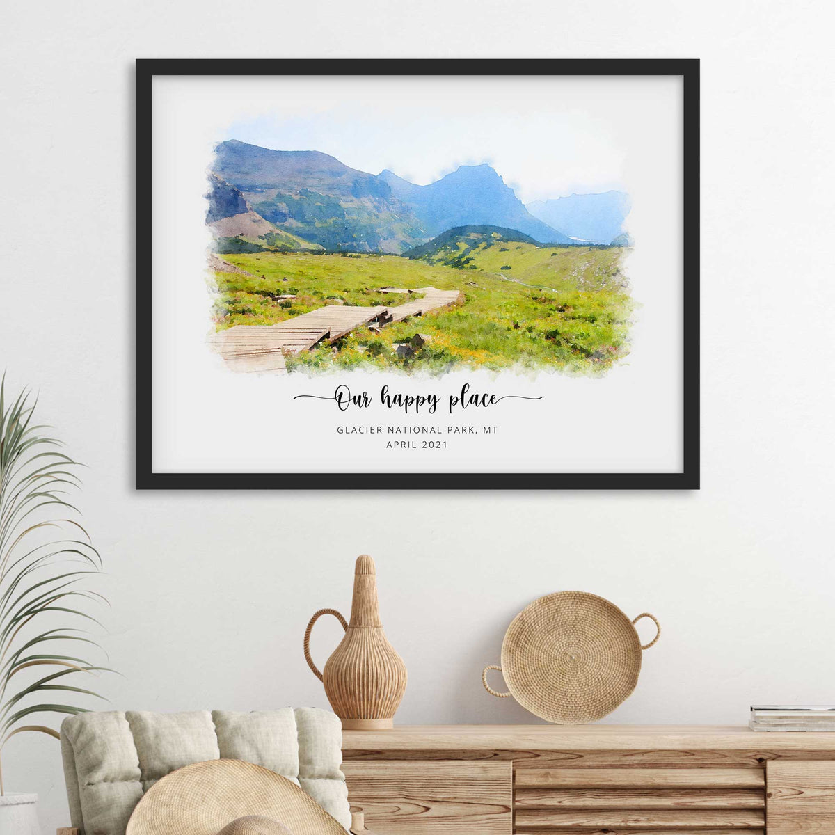 Watercolor-style portrait of a boardwalk across a mountain meadow, 'Our happy place', framed in black