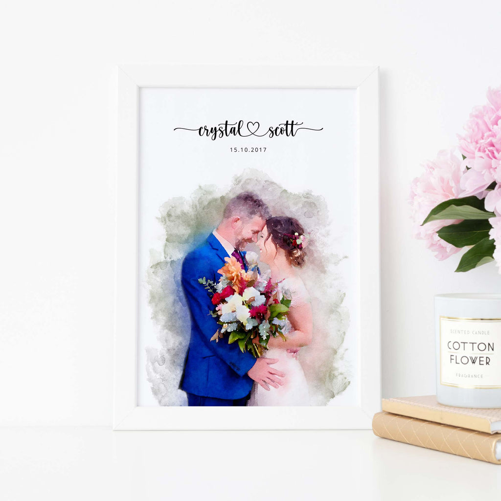 Watercolor-style portrait of a couple with a bouquet, in a white frame beside peonies, their names and a date above