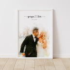 Watercolor-style portrait of a laughing couple, in a white frame on a wooden floor, their names and a date above